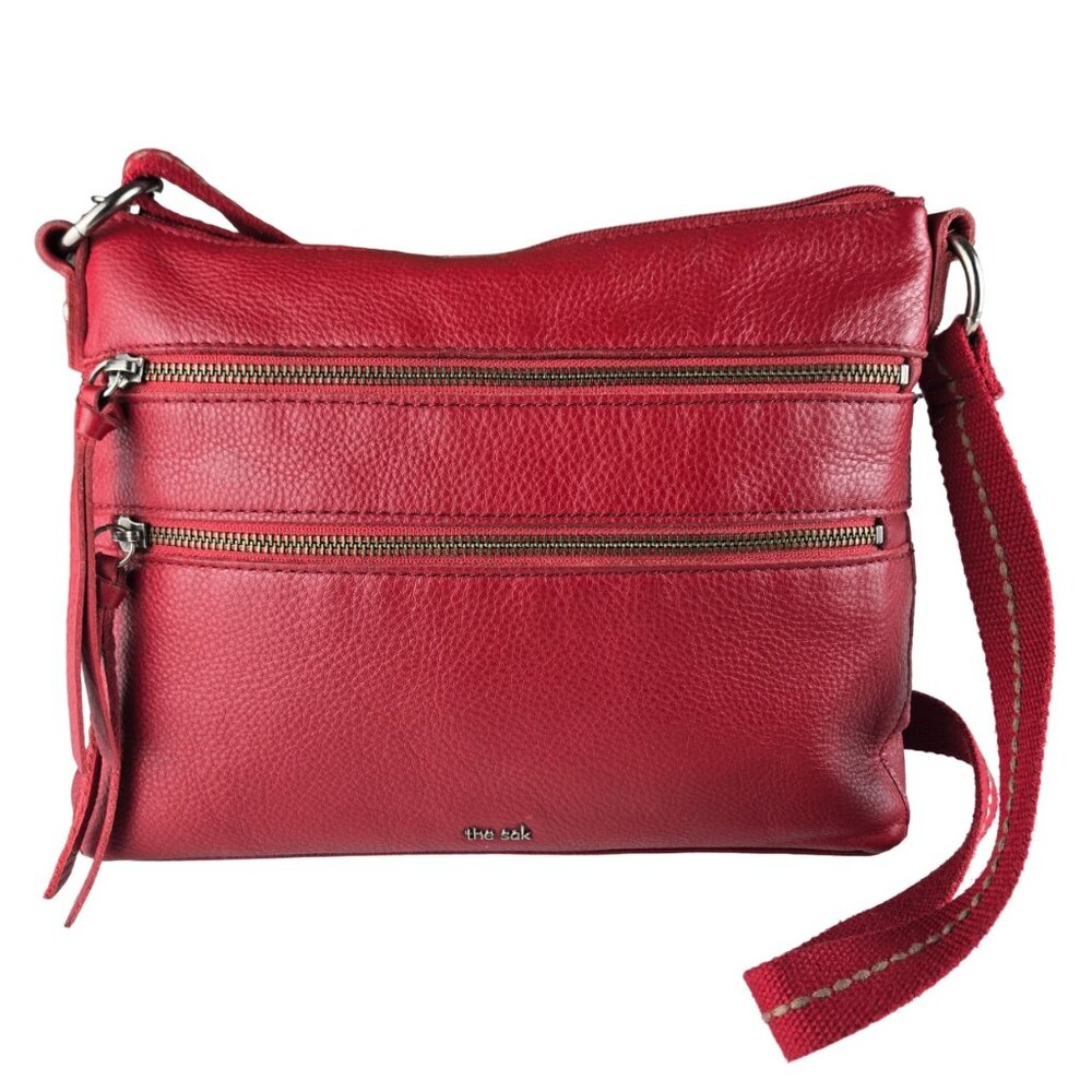 The Sak Pebbled Red Leather Zip Top Shoulder Crossbody Bag